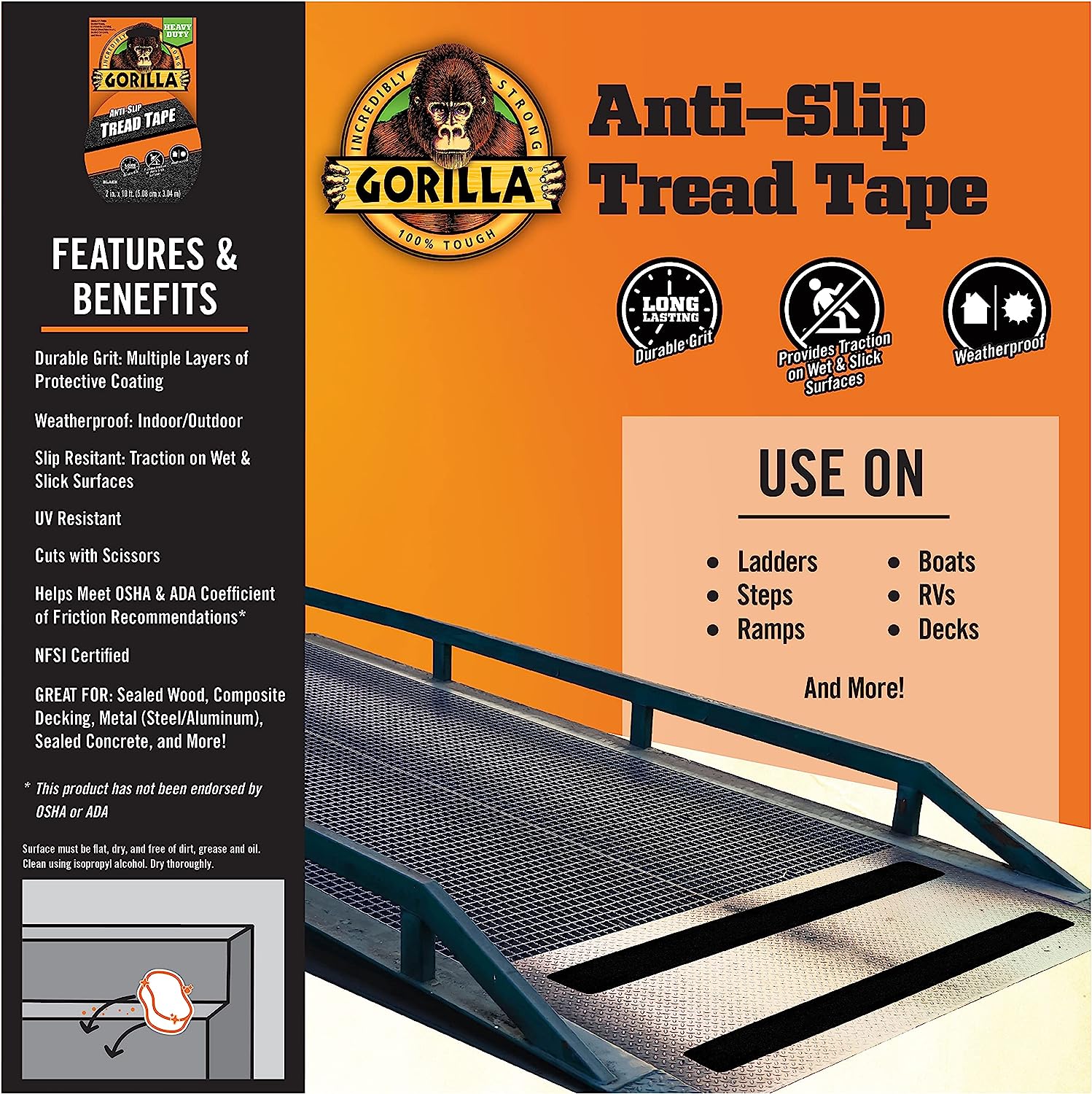 Gorilla Anti-Slip Tread Tape, 2" x 10' Roll, Black, (Pack of 1) - Image 4